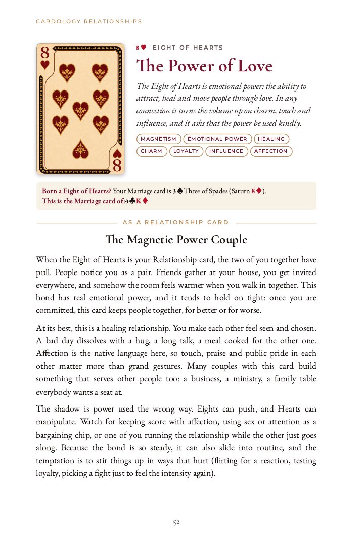 Every card opens with its essence, keywords and Marriage card links