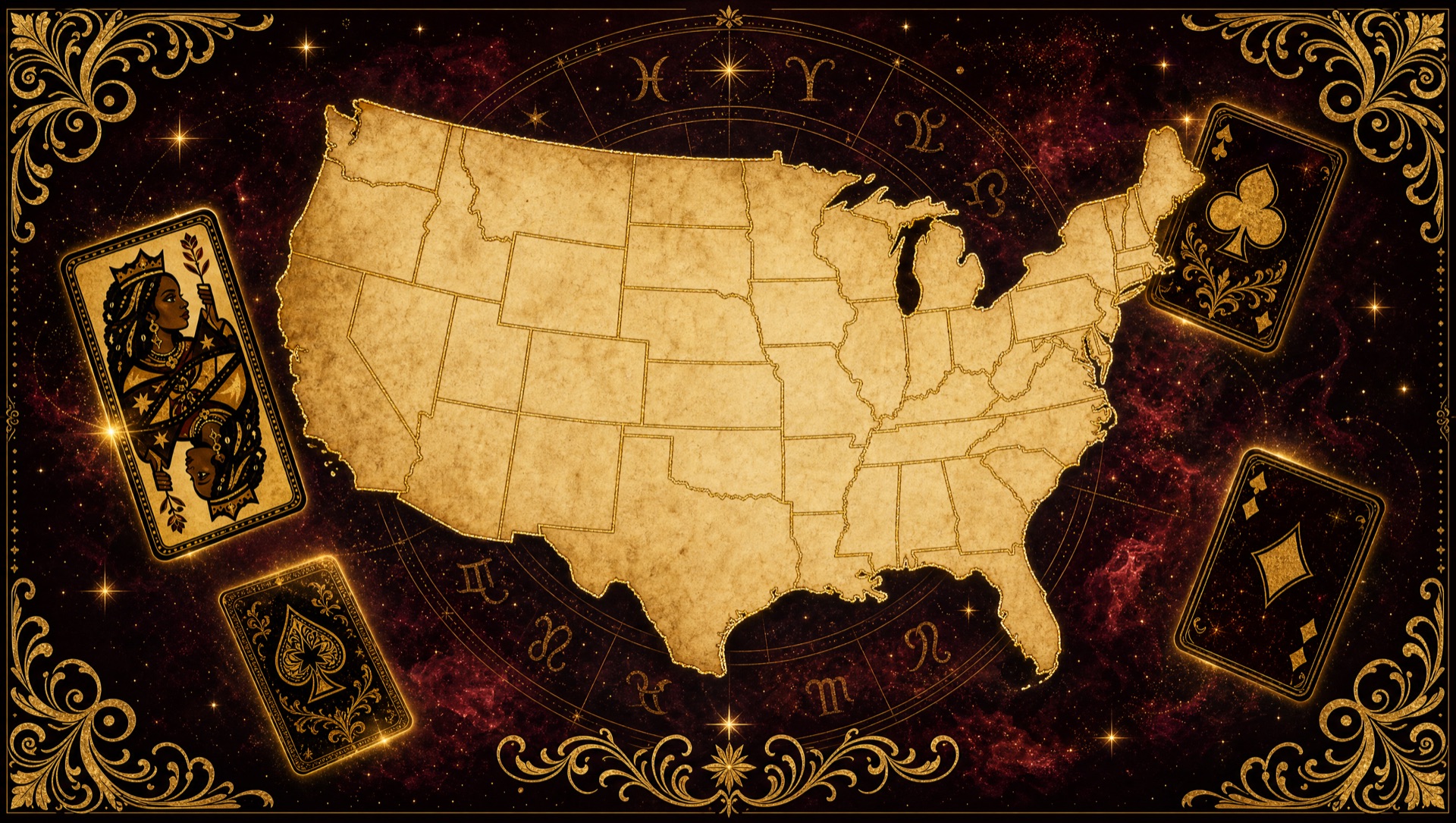 Ornate parchment map of the United States surrounded by gilded playing cards